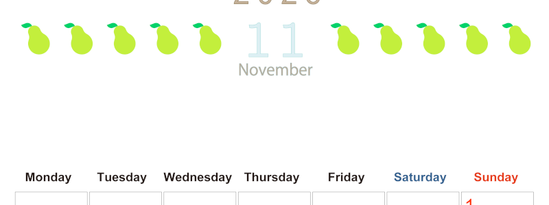 2026年11月カレンダーは縦型月曜始まりで旬のフルーツのイラストがおしゃれ：無料(2026-01351111)