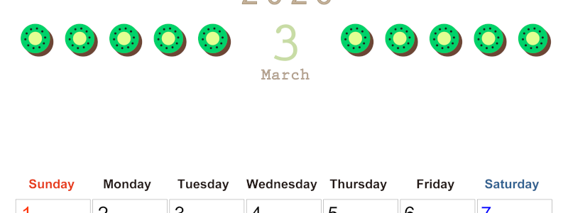 2026年3月カレンダーは縦型日曜始まりで旬のフルーツのイラストがおしゃれ：無料(2026-01350310)