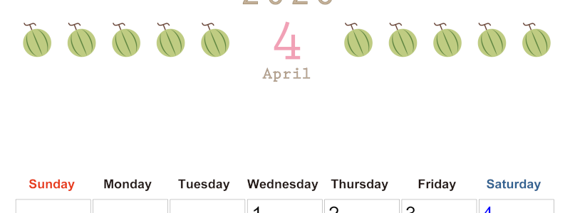 2026年4月カレンダーは縦型日曜始まりで旬のフルーツのイラストがおしゃれ：無料(2026-01350410)