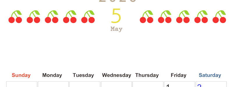 2026年5月カレンダーは縦型日曜始まりで旬のフルーツのイラストがおしゃれ：無料(2026-01350510)