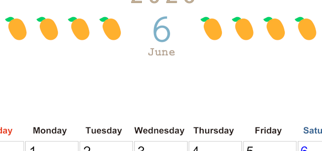 2026年6月カレンダーは縦型日曜始まりで旬のフルーツのイラストがおしゃれ：無料(2026-01350610)