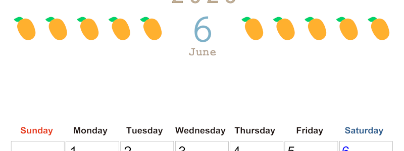 2026年6月カレンダーは縦型日曜始まりで旬のフルーツのイラストがおしゃれ：無料(2026-01350610)