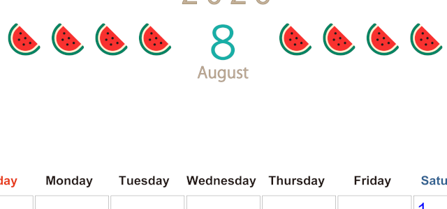 2026年8月カレンダーは縦型日曜始まりで旬のフルーツのイラストがおしゃれ：無料(2026-01350810)