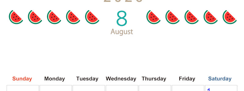 2026年8月カレンダーは縦型日曜始まりで旬のフルーツのイラストがおしゃれ：無料(2026-01350810)