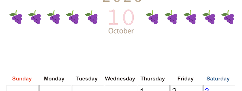 2026年10月カレンダーは縦型日曜始まりで旬のフルーツのイラストがおしゃれ：無料(2026-01351010)