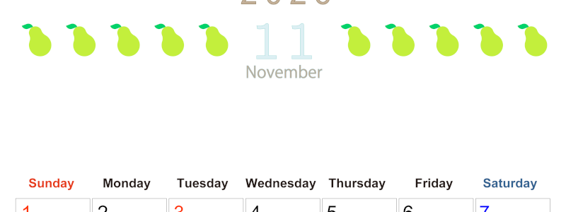 2026年11月カレンダーは縦型日曜始まりで旬のフルーツのイラストがおしゃれ：無料(2026-01351110)