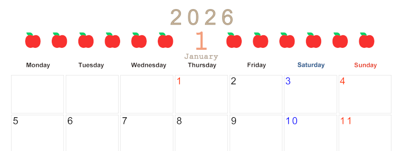2026年1月カレンダーは横型月曜始まりで旬のフルーツのイラストがおしゃれ：無料(2026-01350101)