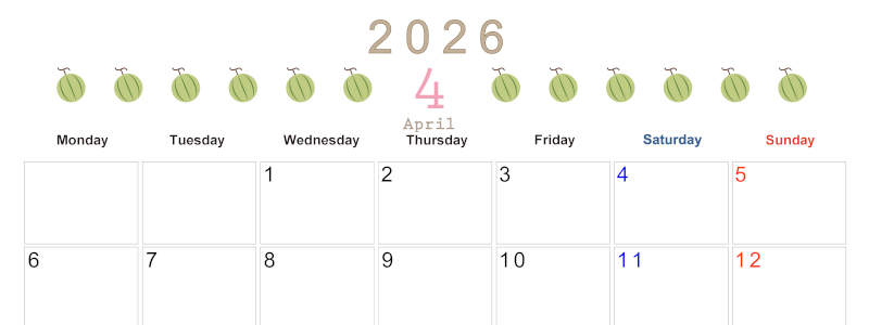 2026年4月カレンダーは横型月曜始まりで旬のフルーツのイラストがおしゃれ：無料(2026-01350401)