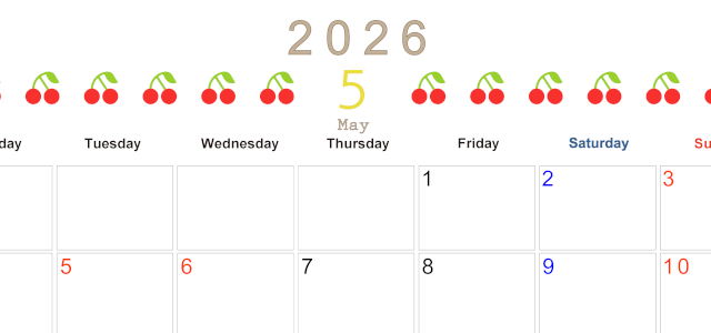 2026年5月カレンダーは横型月曜始まりで旬のフルーツのイラストがおしゃれ：無料(2026-01350501)