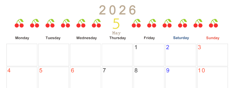 2026年5月カレンダーは横型月曜始まりで旬のフルーツのイラストがおしゃれ：無料(2026-01350501)