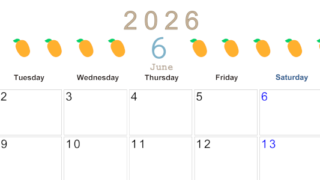 2026年6月カレンダーは横型月曜始まりで旬のフルーツのイラストがおしゃれ：無料(2026-01350601)