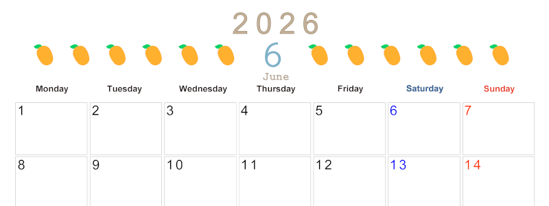 2026年6月カレンダーは横型月曜始まりで旬のフルーツのイラストがおしゃれ：無料(2026-01350601)