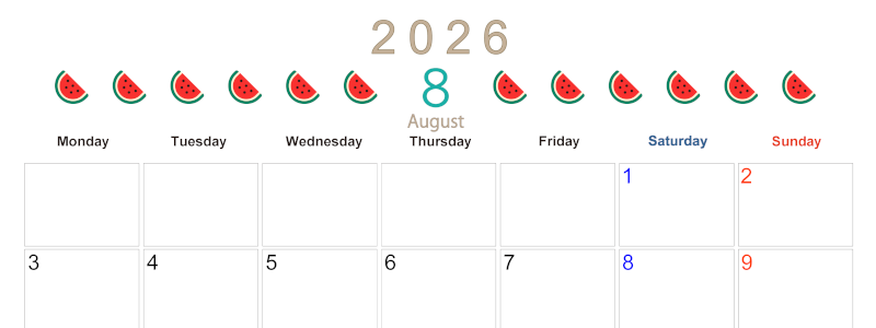 2026年8月カレンダーは横型月曜始まりで旬のフルーツのイラストがおしゃれ：無料(2026-01350801)