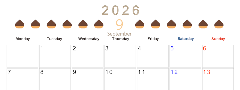 2026年9月カレンダーは横型月曜始まりで旬のフルーツのイラストがおしゃれ：無料(2026-01350901)