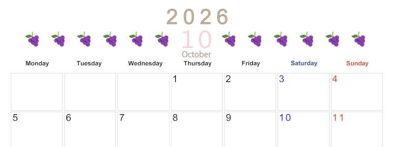 2026年10月カレンダーは横型月曜始まりで旬のフルーツのイラストがおしゃれ：無料(2026-01351001)