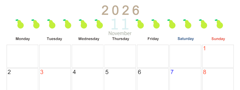 2026年11月カレンダーは横型月曜始まりで旬のフルーツのイラストがおしゃれ：無料(2026-01351101)