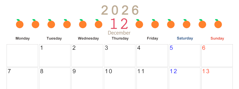 2026年12月カレンダーは横型月曜始まりで旬のフルーツのイラストがおしゃれ：無料(2026-01351201)