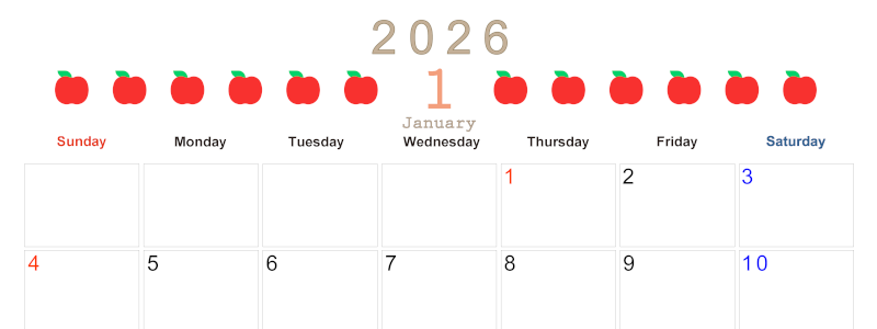 2026年1月カレンダーは横型日曜始まりで旬のフルーツのイラストがおしゃれ：無料(2026-01350100)