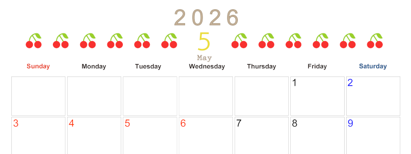 2026年5月カレンダーは横型日曜始まりで旬のフルーツのイラストがおしゃれ：無料(2026-01350500)