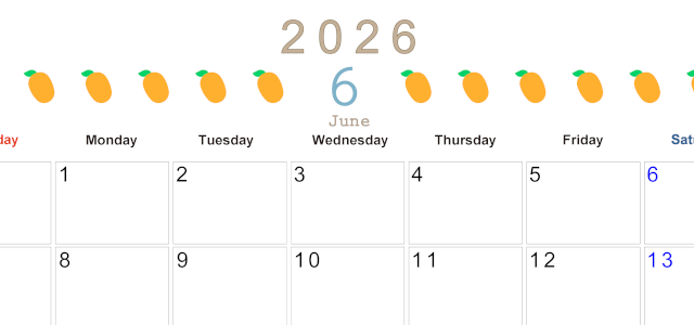 2026年6月カレンダーは横型日曜始まりで旬のフルーツのイラストがおしゃれ：無料(2026-01350600)