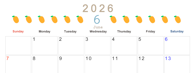 2026年6月カレンダーは横型日曜始まりで旬のフルーツのイラストがおしゃれ：無料(2026-01350600)