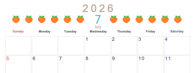 2026年7月カレンダーは横型日曜始まりで旬のフルーツのイラストがおしゃれ：無料(2026-01350700)