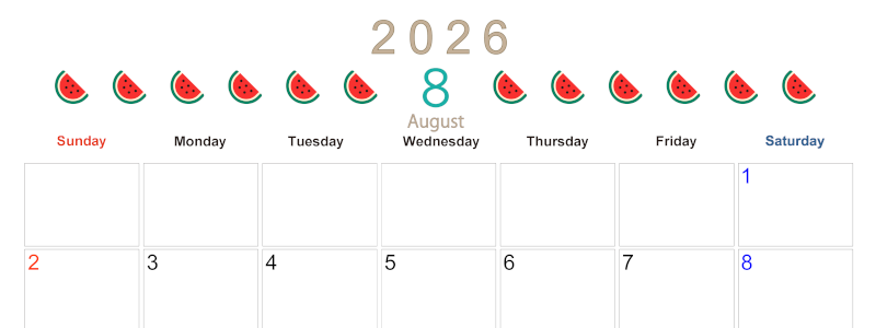 2026年8月カレンダーは横型日曜始まりで旬のフルーツのイラストがおしゃれ：無料(2026-01350800)