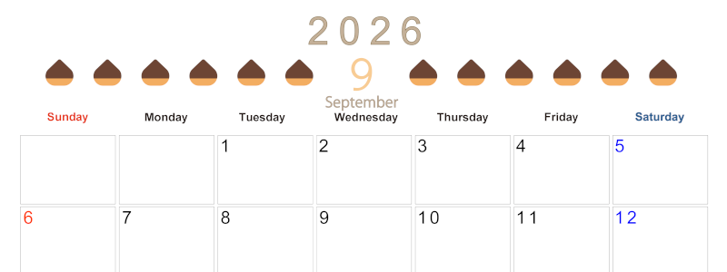 2026年9月カレンダーは横型日曜始まりで旬のフルーツのイラストがおしゃれ：無料(2026-01350900)