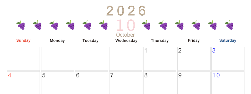 2026年10月カレンダーは横型日曜始まりで旬のフルーツのイラストがおしゃれ：無料(2026-01351000)