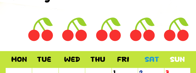 2026年5月カレンダーは縦型月曜始まりで季節感あふれる果物のカラフルなイラストがかわいい：無料(2026-01360511)