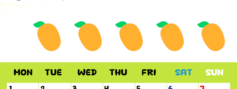 2026年6月カレンダーは縦型月曜始まりで季節感あふれる果物のカラフルなイラストがかわいい：無料(2026-01360611)