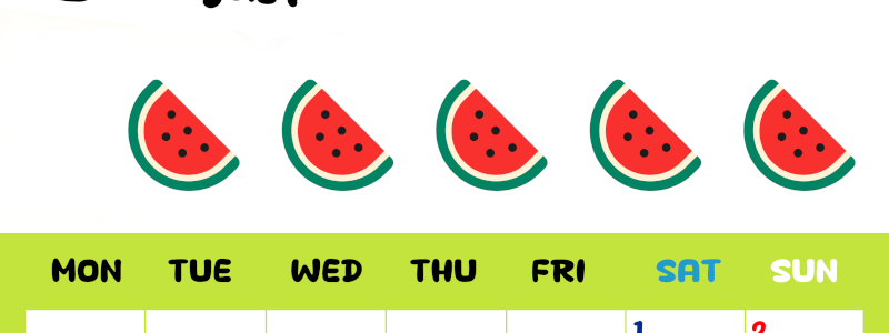 2026年8月カレンダーは縦型月曜始まりで季節感あふれる果物のカラフルなイラストがかわいい：無料(2026-01360811)