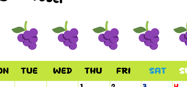 2026年10月カレンダーは縦型月曜始まりで季節感あふれる果物のカラフルなイラストがかわいい：無料(2026-01361011)