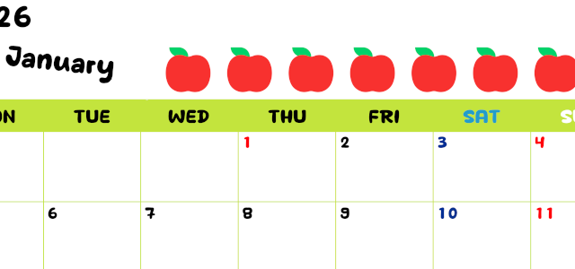 2026年1月カレンダーは横型月曜始まりで季節感あふれる果物のカラフルなイラストがかわいい：無料(2026-01360101)