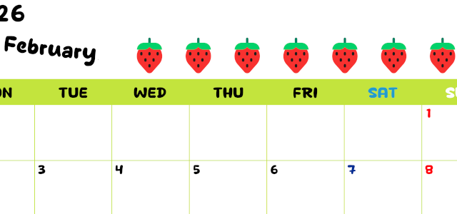 2026年2月カレンダーは横型月曜始まりで季節感あふれる果物のカラフルなイラストがかわいい：無料(2026-01360201)