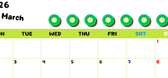 2026年3月カレンダーは横型月曜始まりで季節感あふれる果物のカラフルなイラストがかわいい：無料(2026-01360301)
