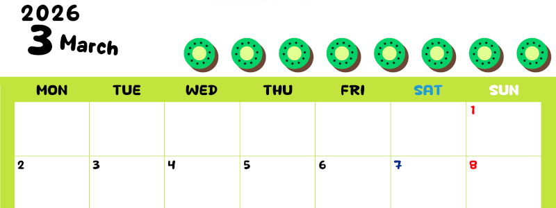2026年3月カレンダーは横型月曜始まりで季節感あふれる果物のカラフルなイラストがかわいい：無料(2026-01360301)
