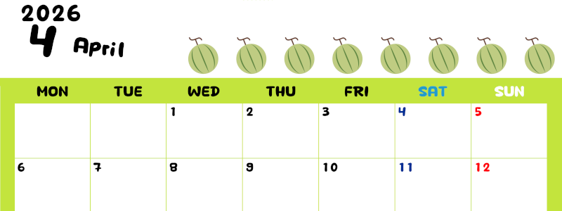 2026年4月カレンダーは横型月曜始まりで季節感あふれる果物のカラフルなイラストがかわいい：無料(2026-01360401)
