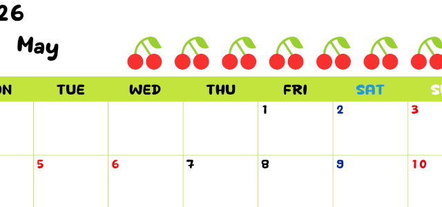 2026年5月カレンダーは横型月曜始まりで季節感あふれる果物のカラフルなイラストがかわいい：無料(2026-01360501)