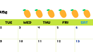 2026年6月カレンダーは横型月曜始まりで季節感あふれる果物のカラフルなイラストがかわいい：無料(2026-01360601)