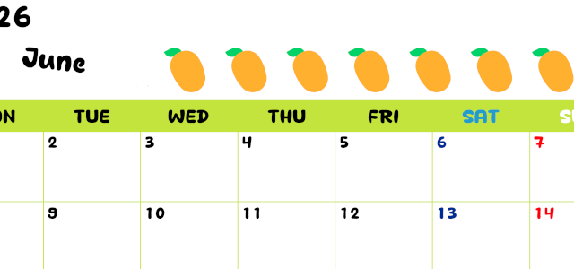 2026年6月カレンダーは横型月曜始まりで季節感あふれる果物のカラフルなイラストがかわいい：無料(2026-01360601)