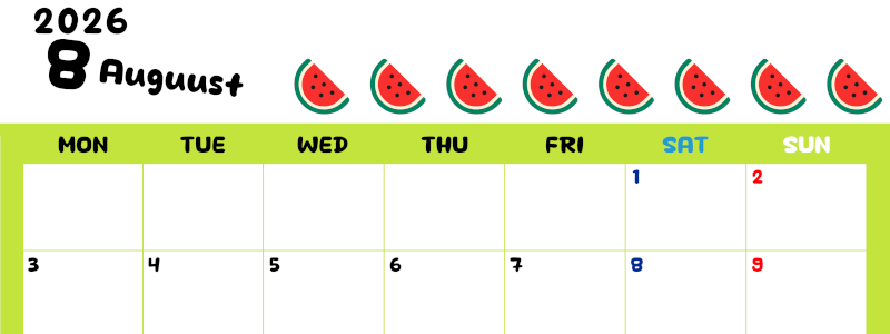 2026年8月カレンダーは横型月曜始まりで季節感あふれる果物のカラフルなイラストがかわいい：無料(2026-01360801)