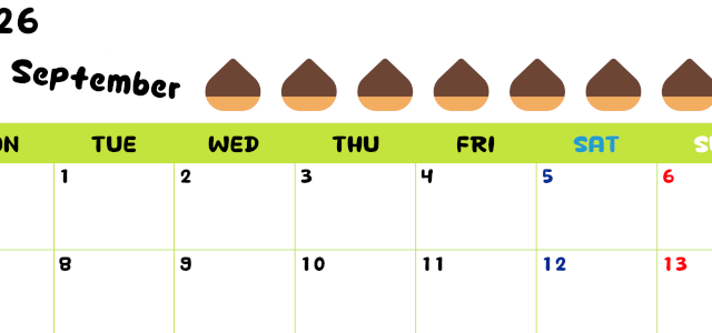 2026年9月カレンダーは横型月曜始まりで季節感あふれる果物のカラフルなイラストがかわいい：無料(2026-01360901)