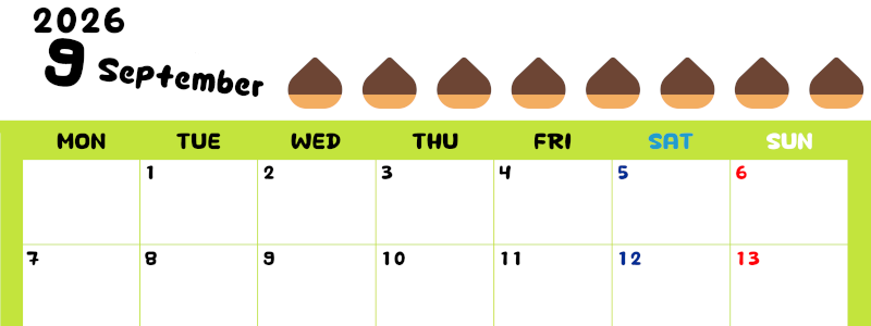 2026年9月カレンダーは横型月曜始まりで季節感あふれる果物のカラフルなイラストがかわいい：無料(2026-01360901)