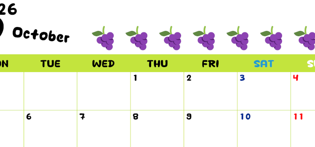 2026年10月カレンダーは横型月曜始まりで季節感あふれる果物のカラフルなイラストがかわいい：無料(2026-01361001)