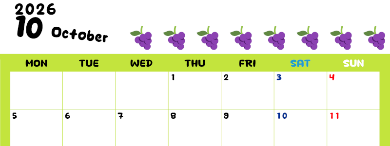 2026年10月カレンダーは横型月曜始まりで季節感あふれる果物のカラフルなイラストがかわいい：無料(2026-01361001)