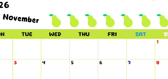 2026年11月カレンダーは横型月曜始まりで季節感あふれる果物のカラフルなイラストがかわいい：無料(2026-01361101)