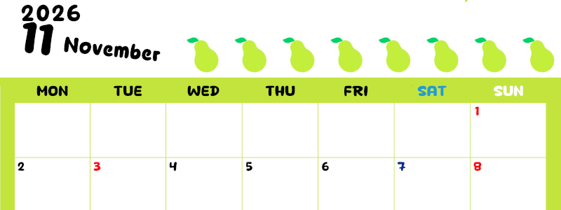 2026年11月カレンダーは横型月曜始まりで季節感あふれる果物のカラフルなイラストがかわいい：無料(2026-01361101)