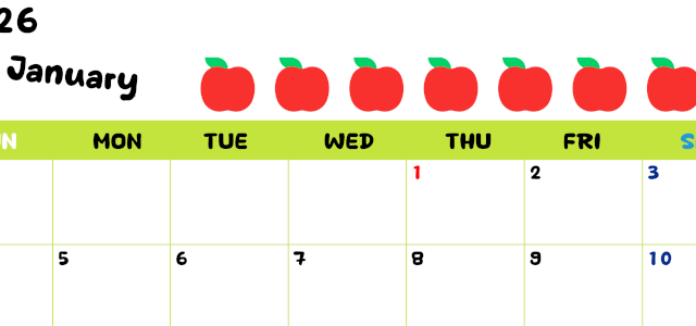 2026年1月カレンダーは横型日曜始まりで季節感あふれる果物のカラフルなイラストがかわいい：無料(2026-01360100)