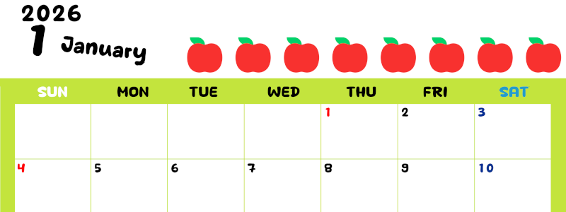 2026年1月カレンダーは横型日曜始まりで季節感あふれる果物のカラフルなイラストがかわいい：無料(2026-01360100)
